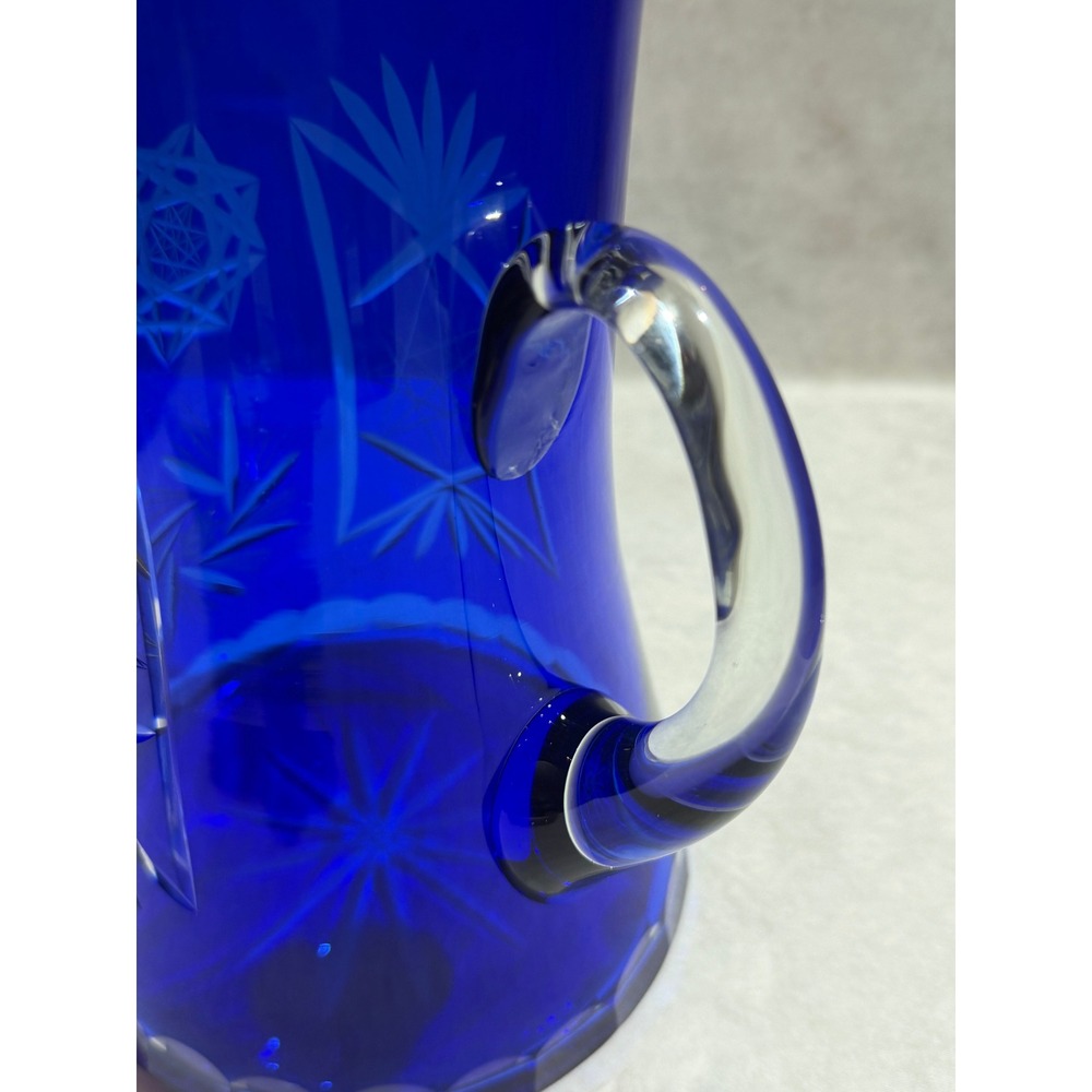 Vintage Bohemian Czech Cobalt Blue Cut to Clear Glass Pitcher and 4 Tumbler Set - Picture 7 of 16